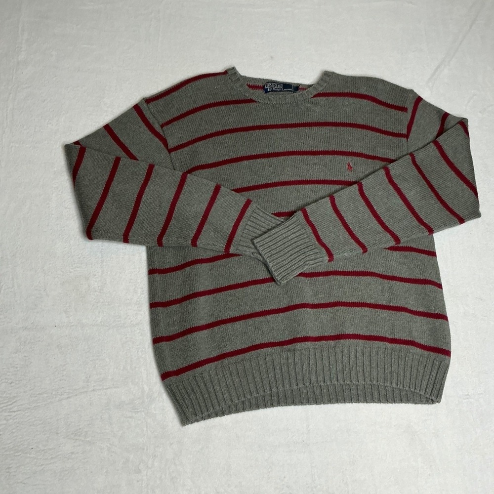 Polo Ralph Lauren Men's Gray Red Stripe Crew Neck Sweater Large Preppy Cotton